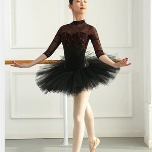 Ballet Leotard Black Red Long Sleeve Woman L